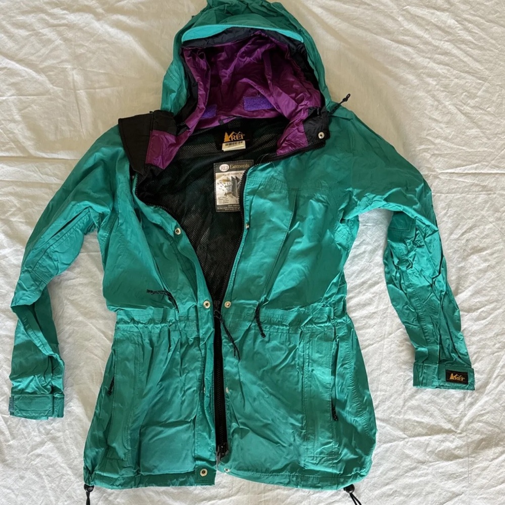 Vintage REI Hooded W/bill Thaw Rain Jacket Teal Nylon Waterproof Size Small